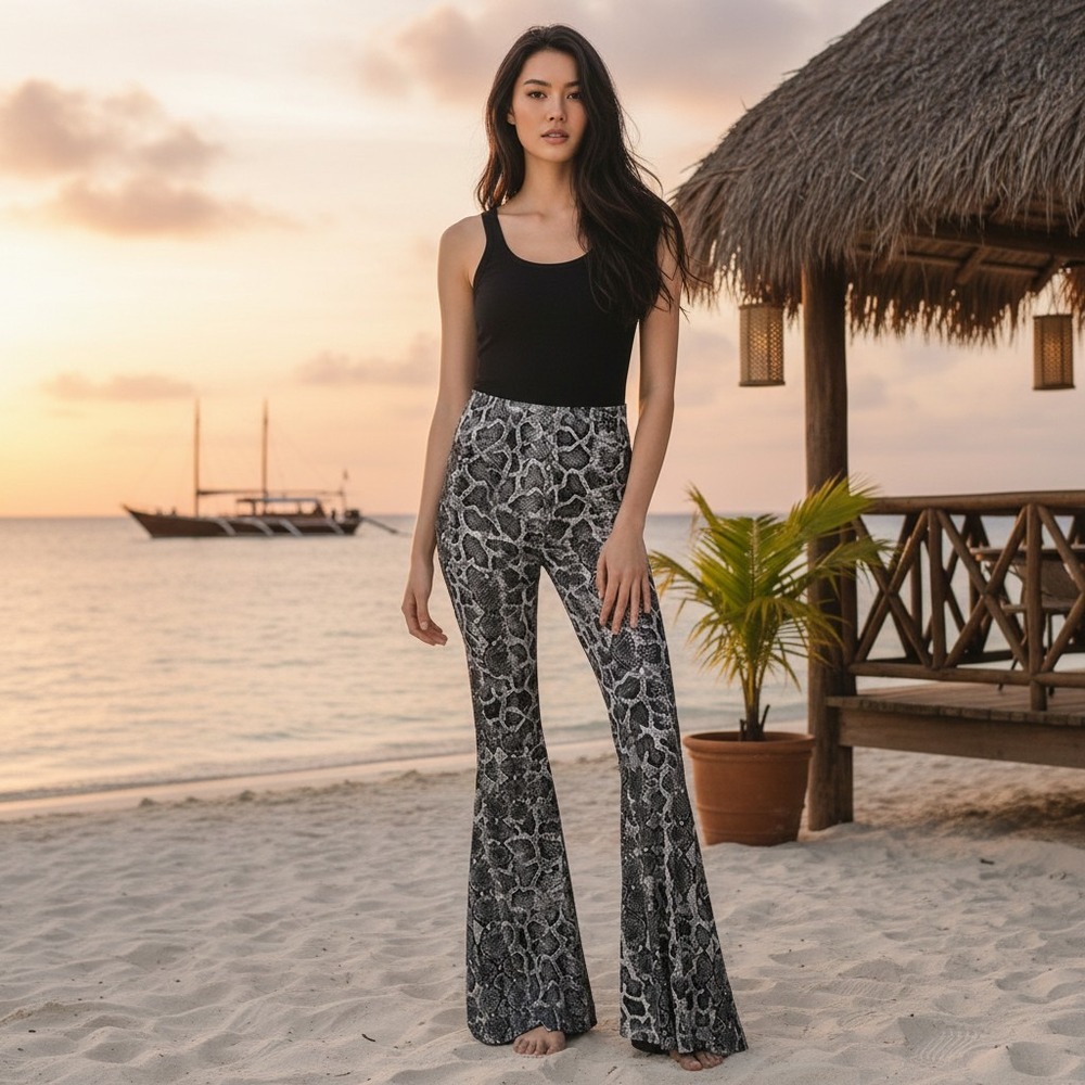 Show Me Your Mumu Snake Print Flare Pants Black Grey Python Bell Bottoms XS